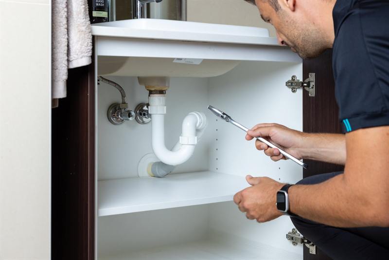 Plumber repairing a leaking pipe